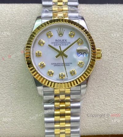 Swiss Copy Rolex Datejust WF 31mm Midsize Watch Two Tone White Mother of Pearl Dial